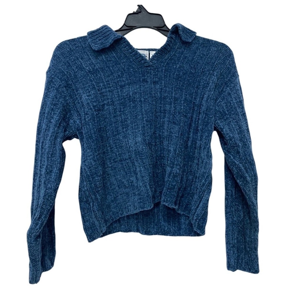 Paul Harris Chenille Blue Chunky Knit Fluffy Collared Pullover Sweater Small NWT